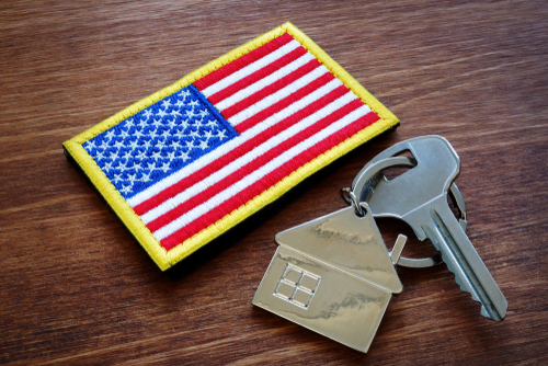 American flag patch and key with small house keychain
