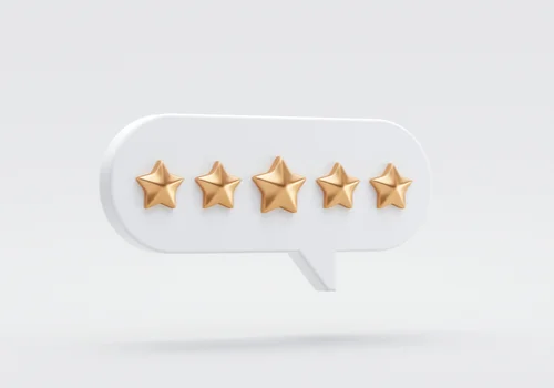 text bubble with five gold stars inside of it