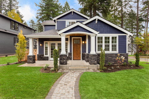front view of a blue exterior home